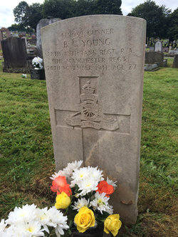 CWGC headstone of Gunner B C Young in Quantock Road Cemetery, Bridgwater.