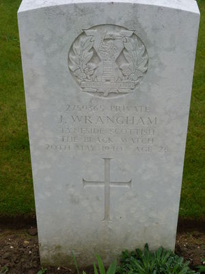 Pte J Wrangham's CWGC headstone.