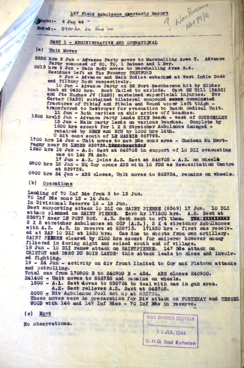 187 Fd Amb War Diary Q'y Rep't 6 - 26 Jun 1944.JPG