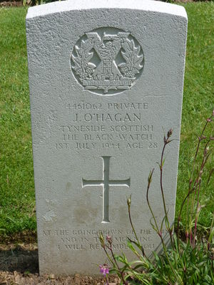 Pte J O'Hagan's CWGC headstone.