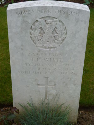 Pte T P White's CWGC headstone.