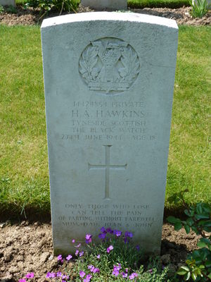 Pte H A Hawkins' CWGC headstone.