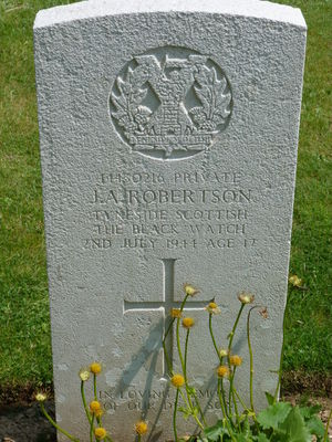 Pte J A Robertson's CWGC headstone.
