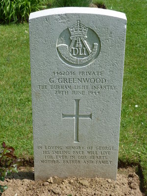 Pte G Greenwood's CWGC headstone.