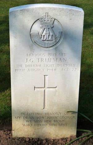 Pte J G Trueman's CWGC headstone.