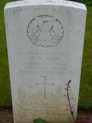 Pte W A Hind's CWGC headstone.