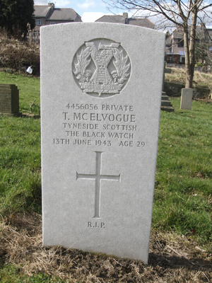 Private McElvogue's CWGC headstone in Blaydon Cemetery.